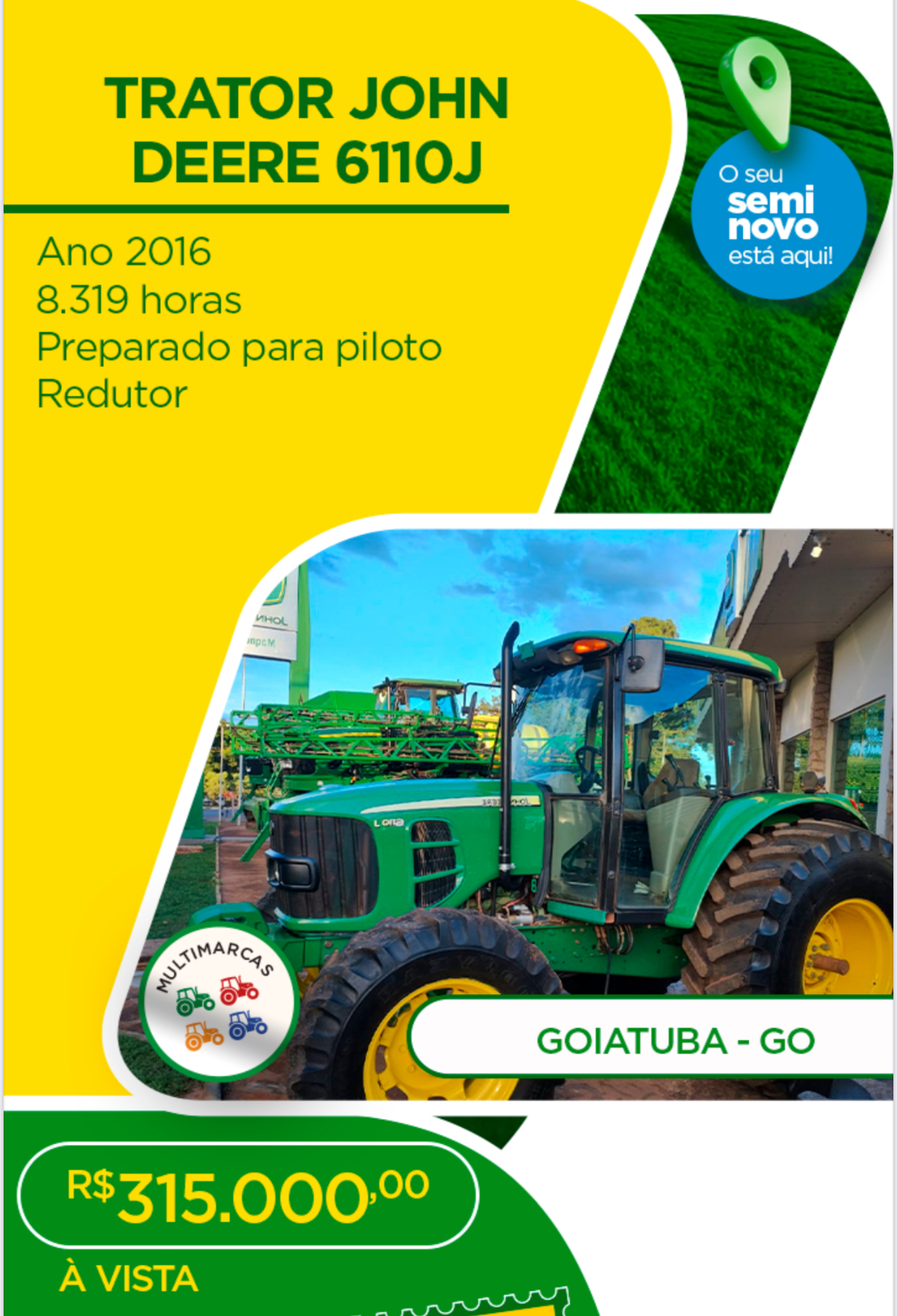John Deere 6110J, ano 2016.