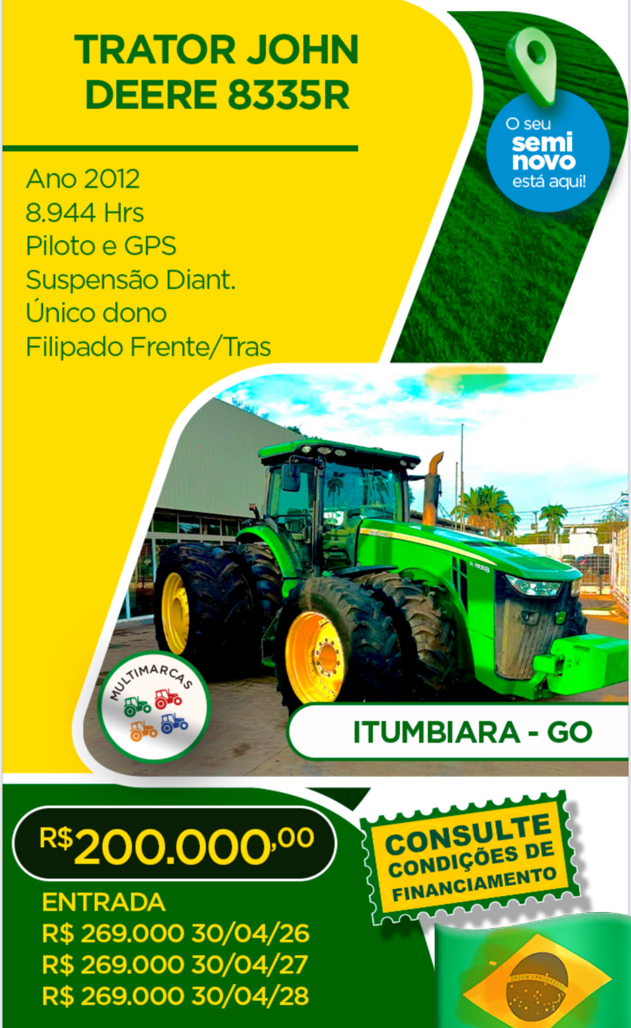 John Deere 8335R. Ano 2012.